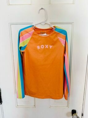 Roxy Girl Orange Long-Sleeve Rashguard with Multicolor Striped Sleeves & bottom